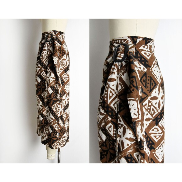 1990s Linen Blend Wrap Skirt Size Small 90s Block Print Vintage Express Skirt - Picture 3 of 8